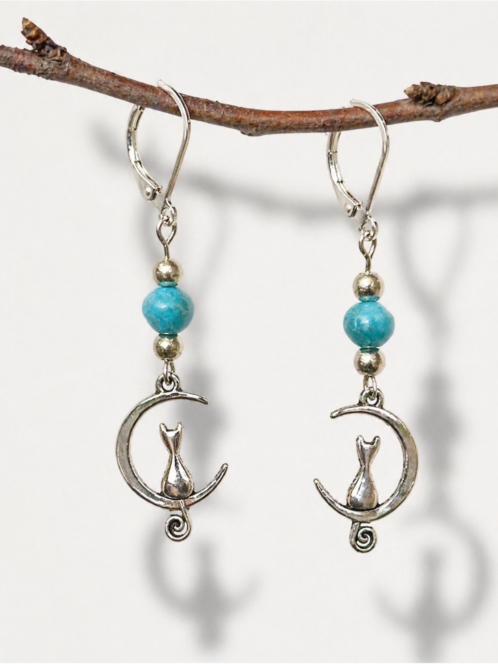 Turquoise Cat Moon Earrings, Boho Crescent Cat Jewelry, Silver Dangle